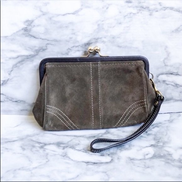 Coach Handbags - Coach Olive Green Suede Clutch Wristlet